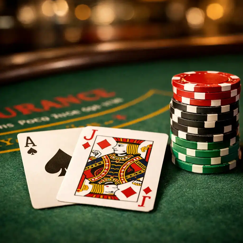 Close-up of a blackjack table with cards and chips in the Casino Lounge
