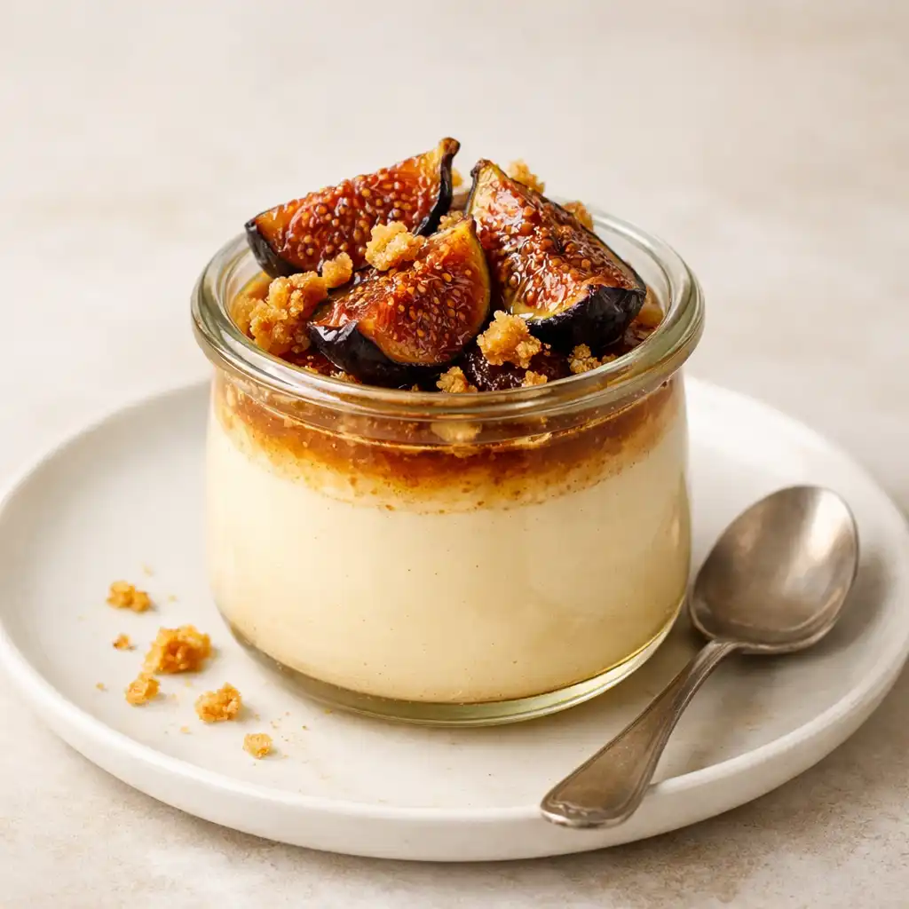 Burnt honey panna cotta in a glass jar topped with roasted figs and honeycomb crumble
