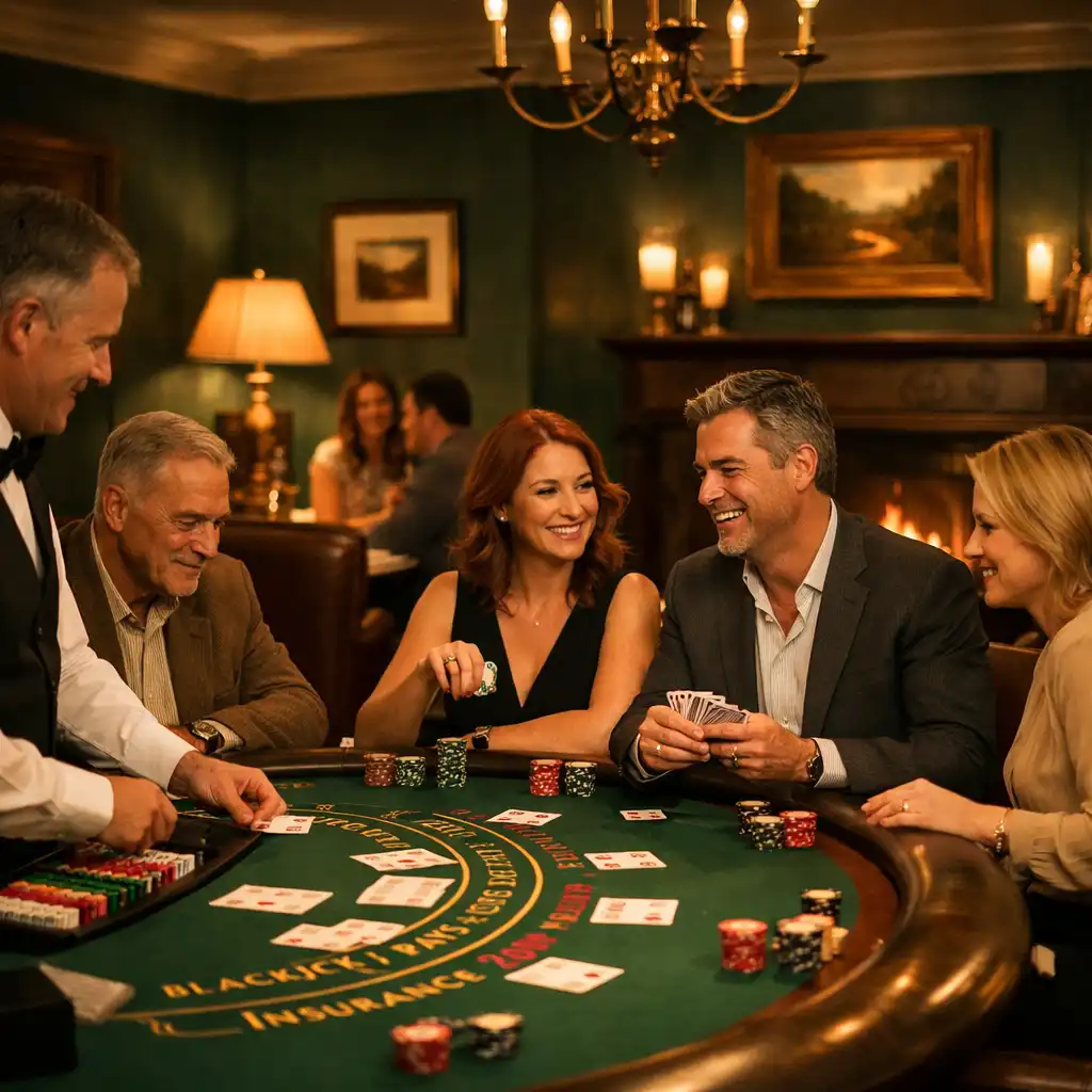 The Casino Lounge at Dining Hearthside with a blackjack table and guests enjoying the warm atmosphere