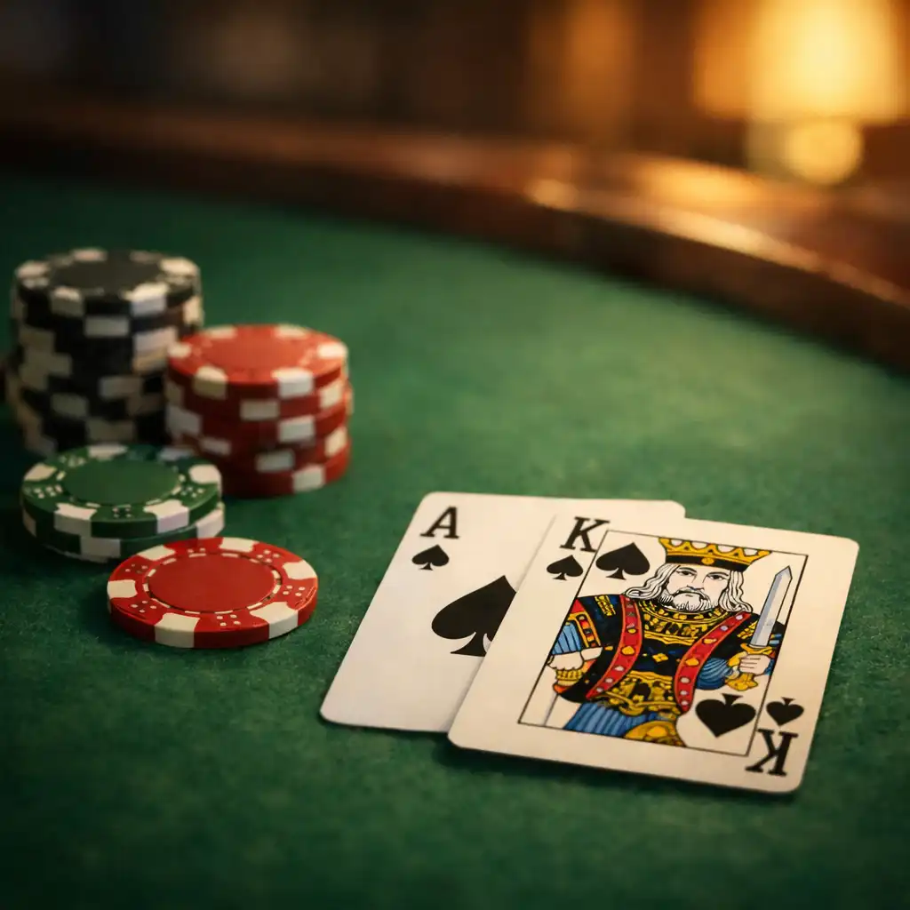 Close-up of a blackjack hand showing an ace and king with chips on green felt