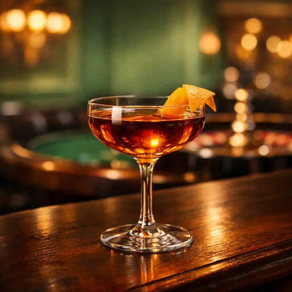 A stylish cocktail on a dark wooden bar counter with a blurred casino lounge background
