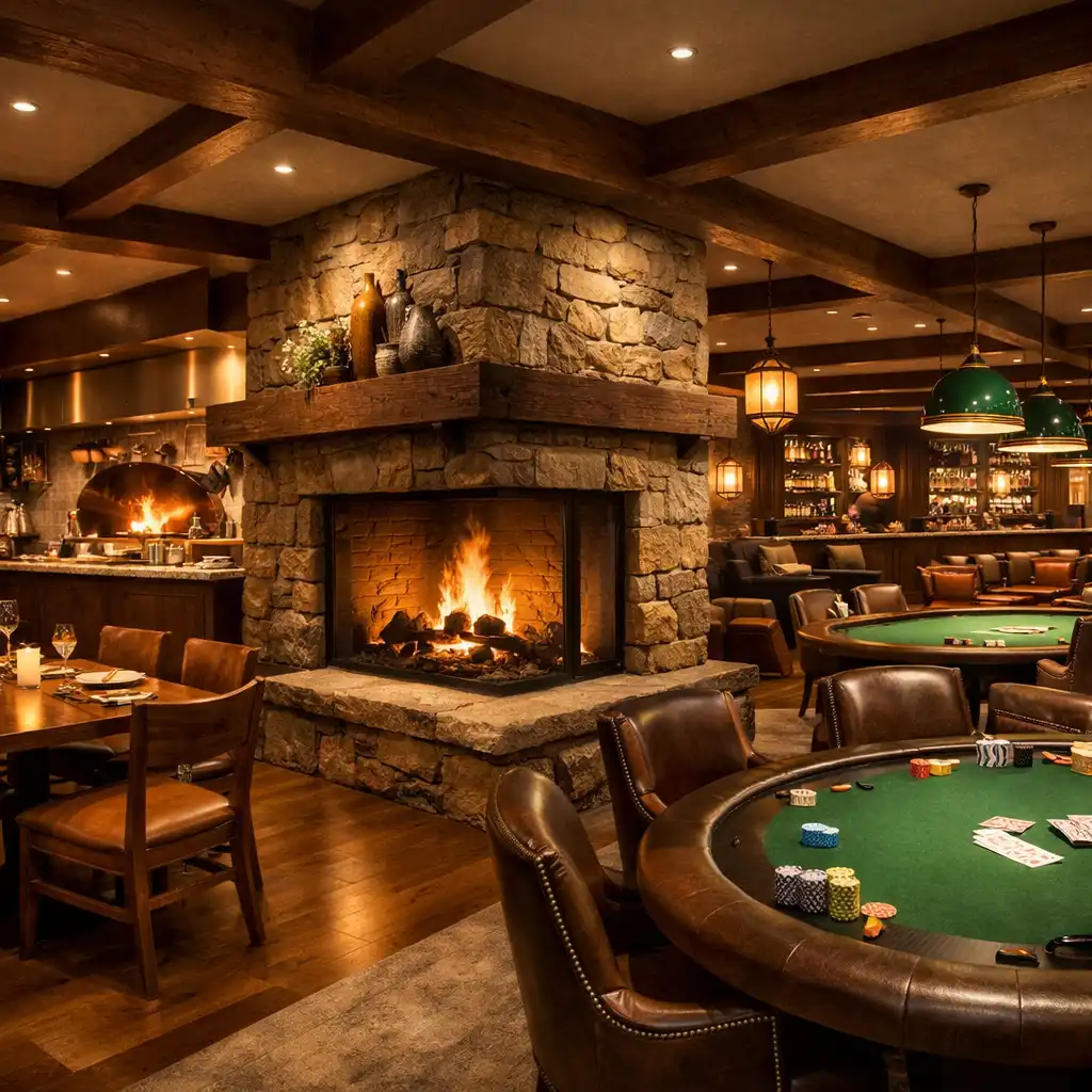 Wide interior showing the transition from a warm dining room with open-fire kitchen to a casino lounge with green felt tables