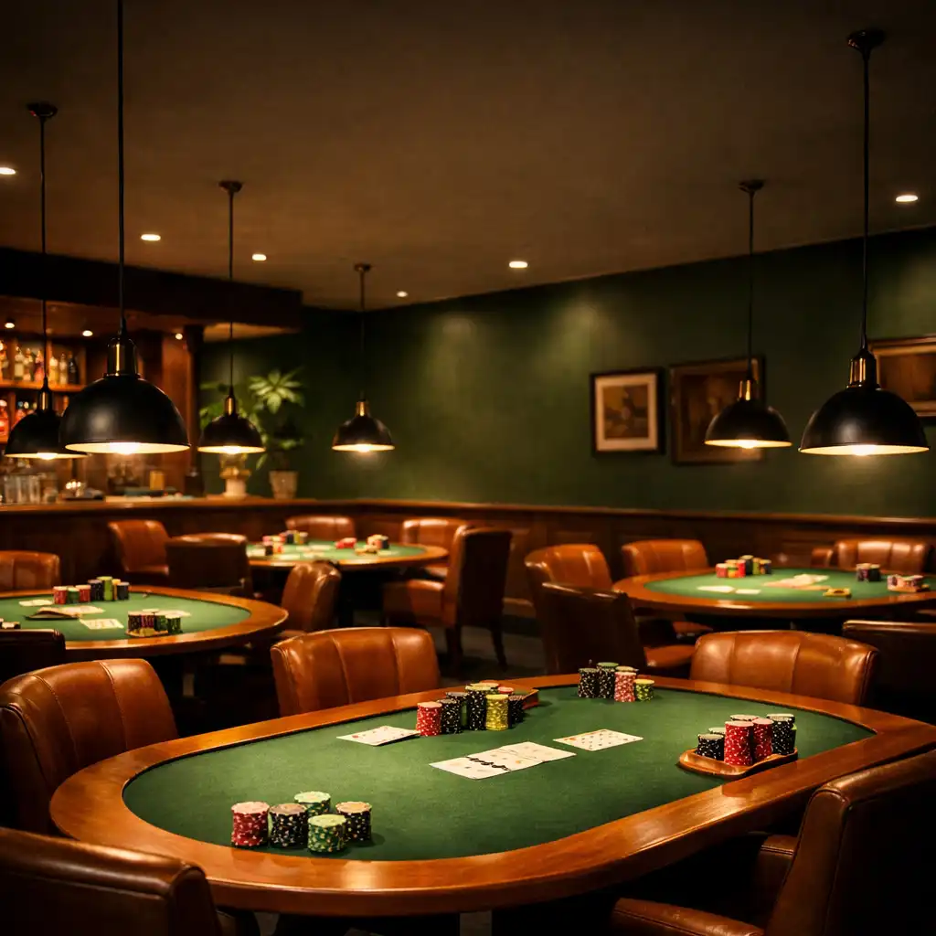 Sophisticated casino lounge with deep green walls, warm timber tables, and focused pendant lights over green felt tables