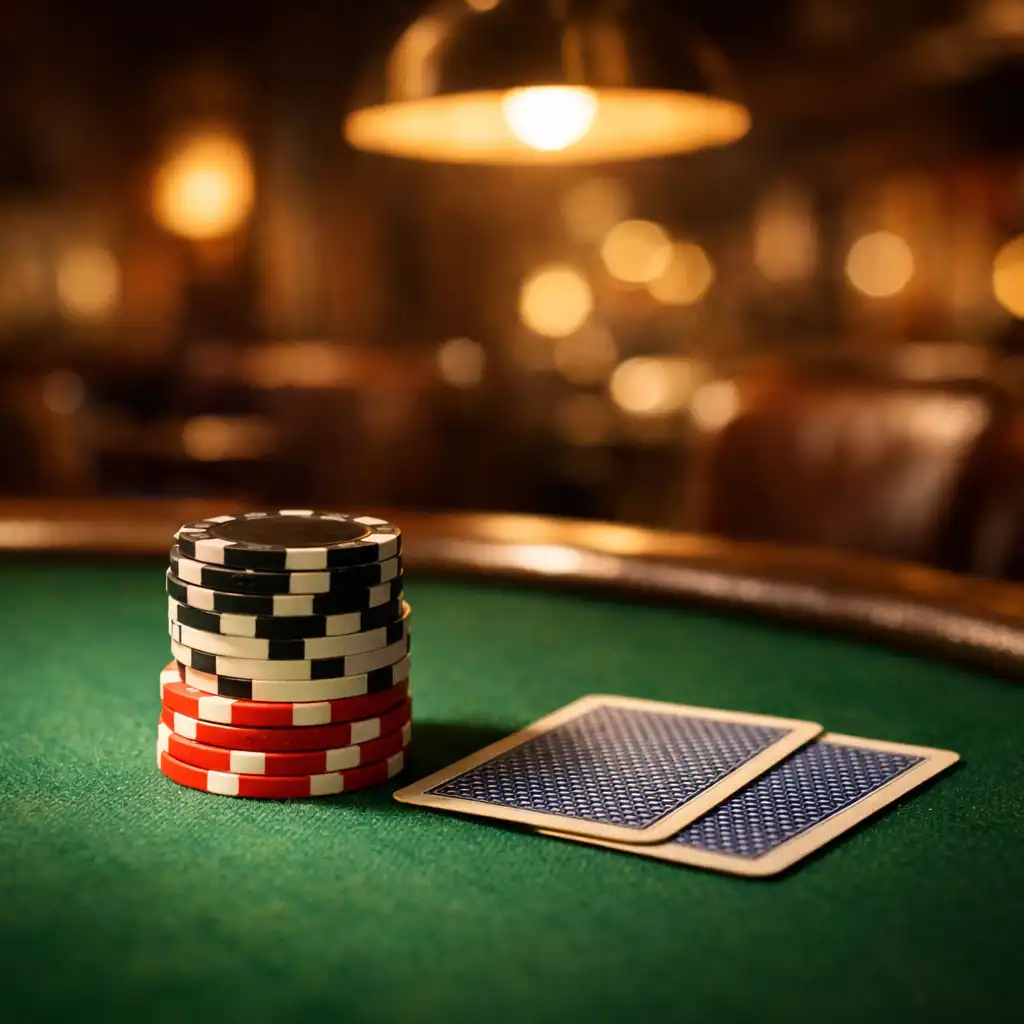 Close-up of a poker table with clay chips and playing cards under warm pendant light