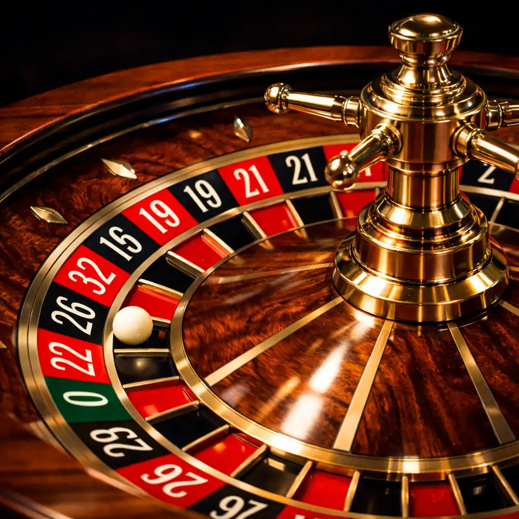 Close-up of a physical roulette wheel in motion with warm dramatic lighting
