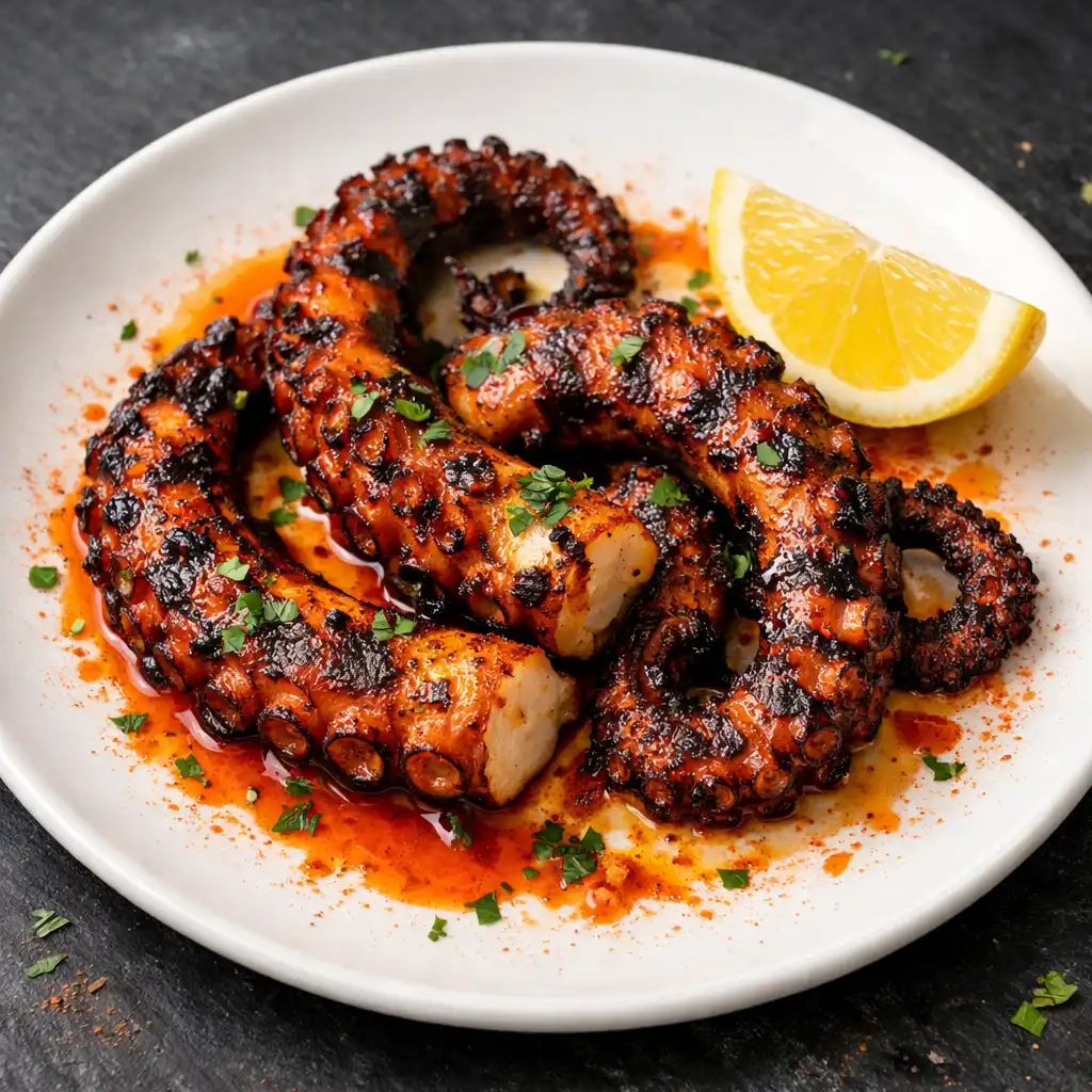 Charred octopus tentacles with smoked paprika oil and a lemon wedge on a white plate