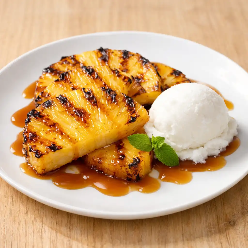 Charred pineapple slices with rum caramel and coconut sorbet on a white plate