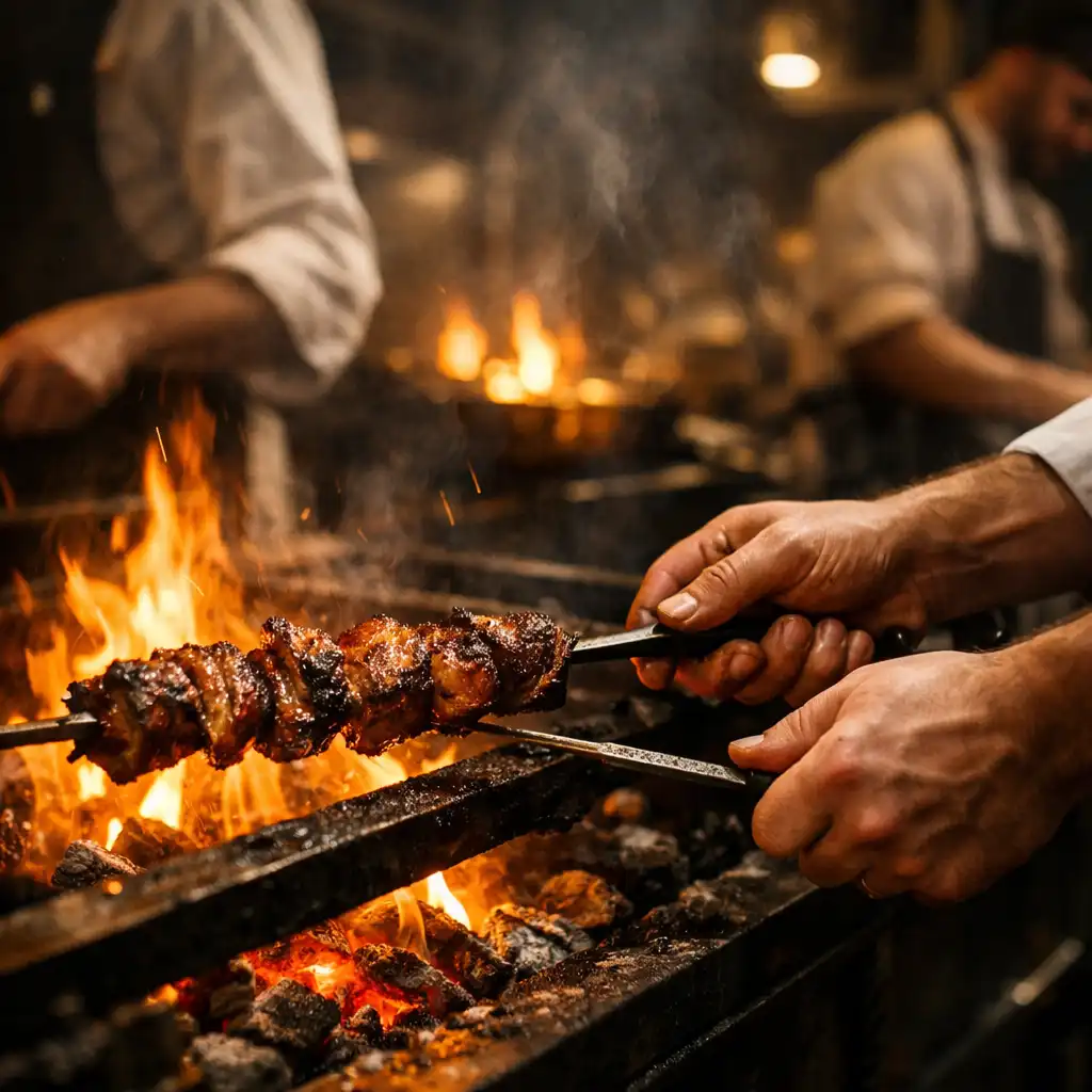 Chefs working over an open hearth with visible flames