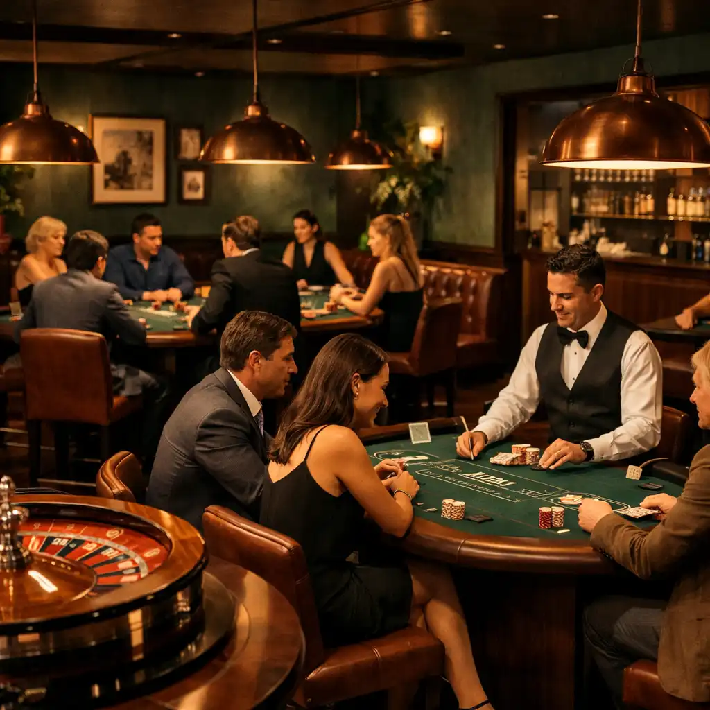 Sophisticated Casino Lounge with poker, roulette, and blackjack tables, guests engaged in face-to-face play under warm focused lighting