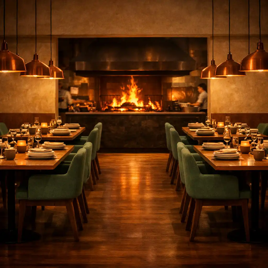 Wide view of the main dining room at Dining Hearthside with warm lighting, set tables, and the open-fire kitchen glowing in the background