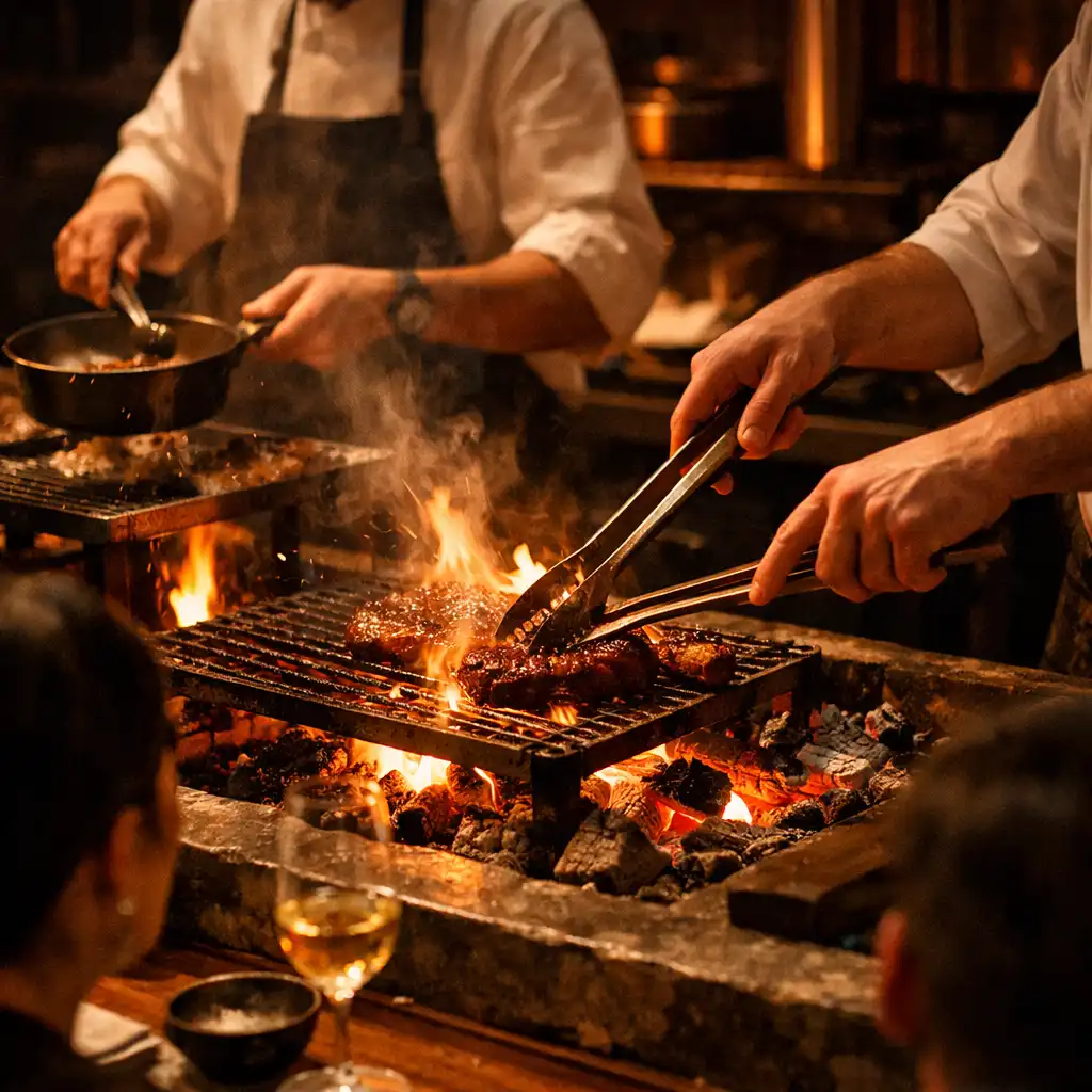 Chefs working over the open fire in the hearth kitchen while guests watch from counter seating