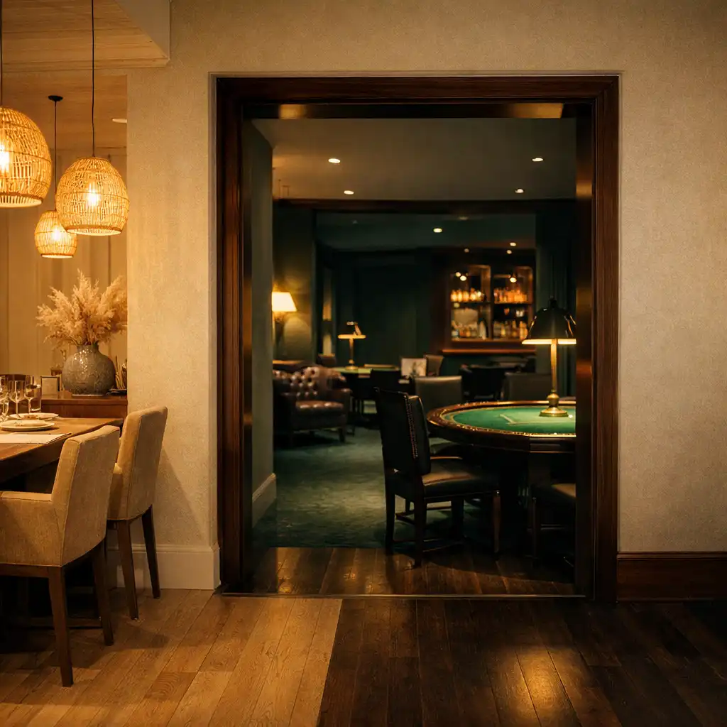 View from the warm dining area toward the darker eucalyptus-green Casino Lounge, showing the transition in lighting and mood