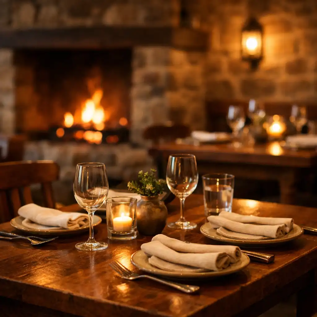 Warm dining room with timber tables and firelight from an open hearth
