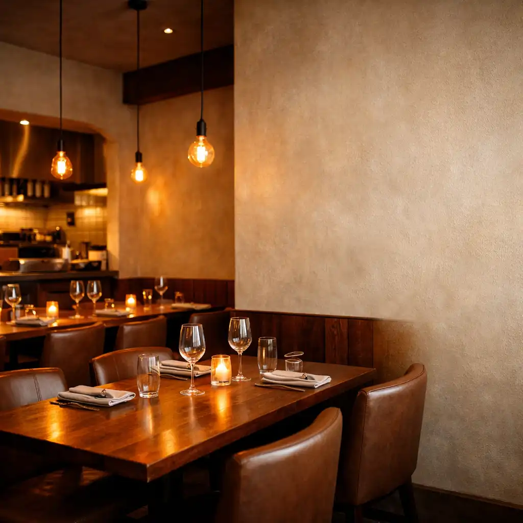 Warm dining room interior with timber tables, leather chairs, and firelight-inspired ambient lighting