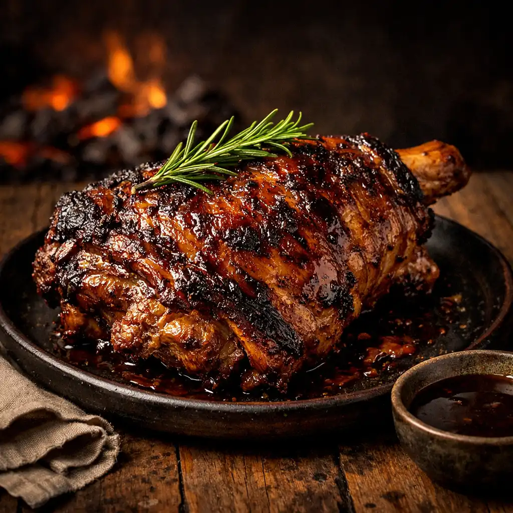 Ember-roasted lamb shoulder with a caramelised crust and rosemary on a dark ceramic plate