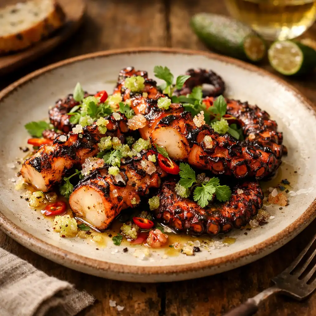 Grilled seafood dish with charred octopus and finger lime