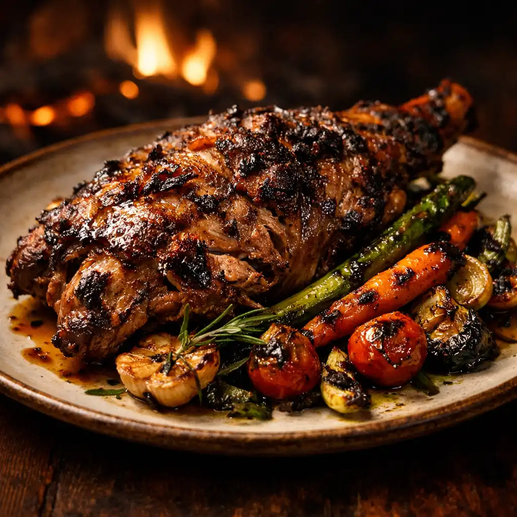A beautifully plated open-fire dish with charred vegetables and roasted meat, lit by warm firelight