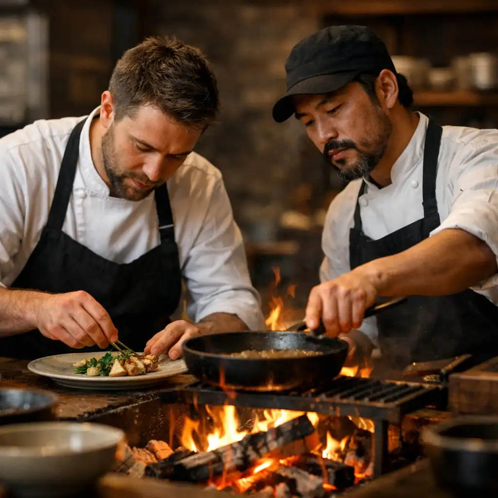 Two chefs working side by side at the open-fire hearth, one plating a dish