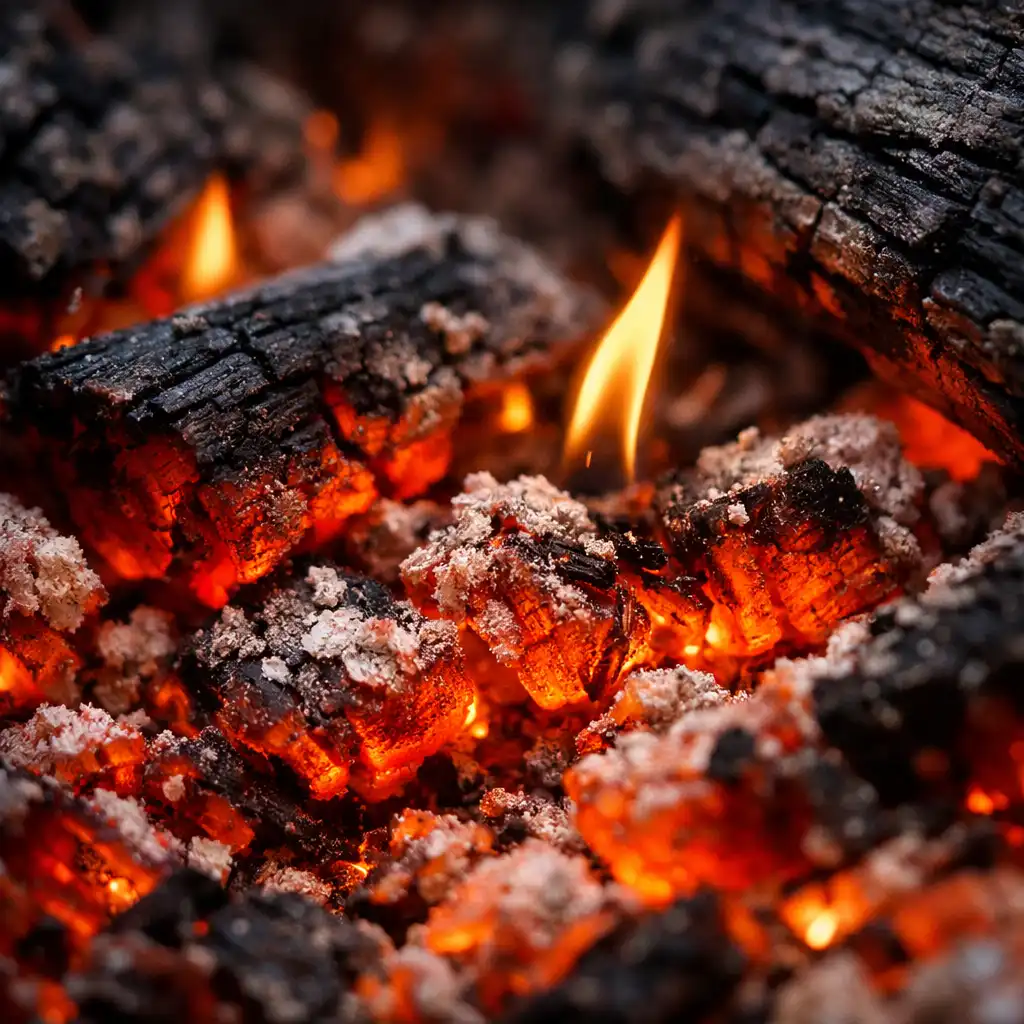 Macro shot of glowing embers and ash with small flames