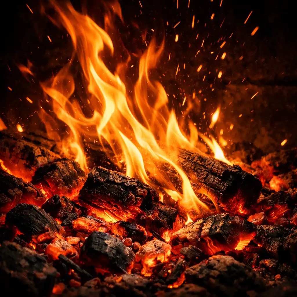 Close-up of flames licking over glowing embers in the hearth