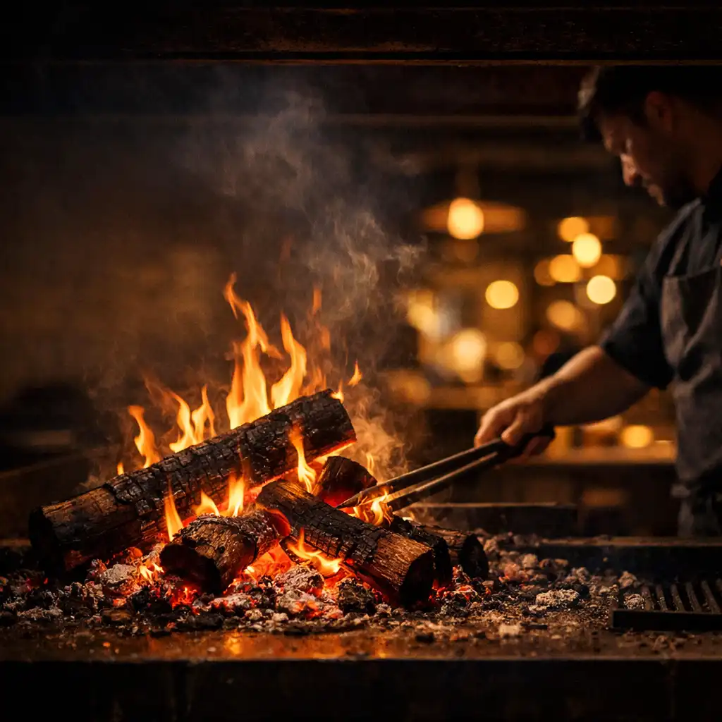 Open-fire hearth in the Dining Hearthside kitchen with a chef tending flames