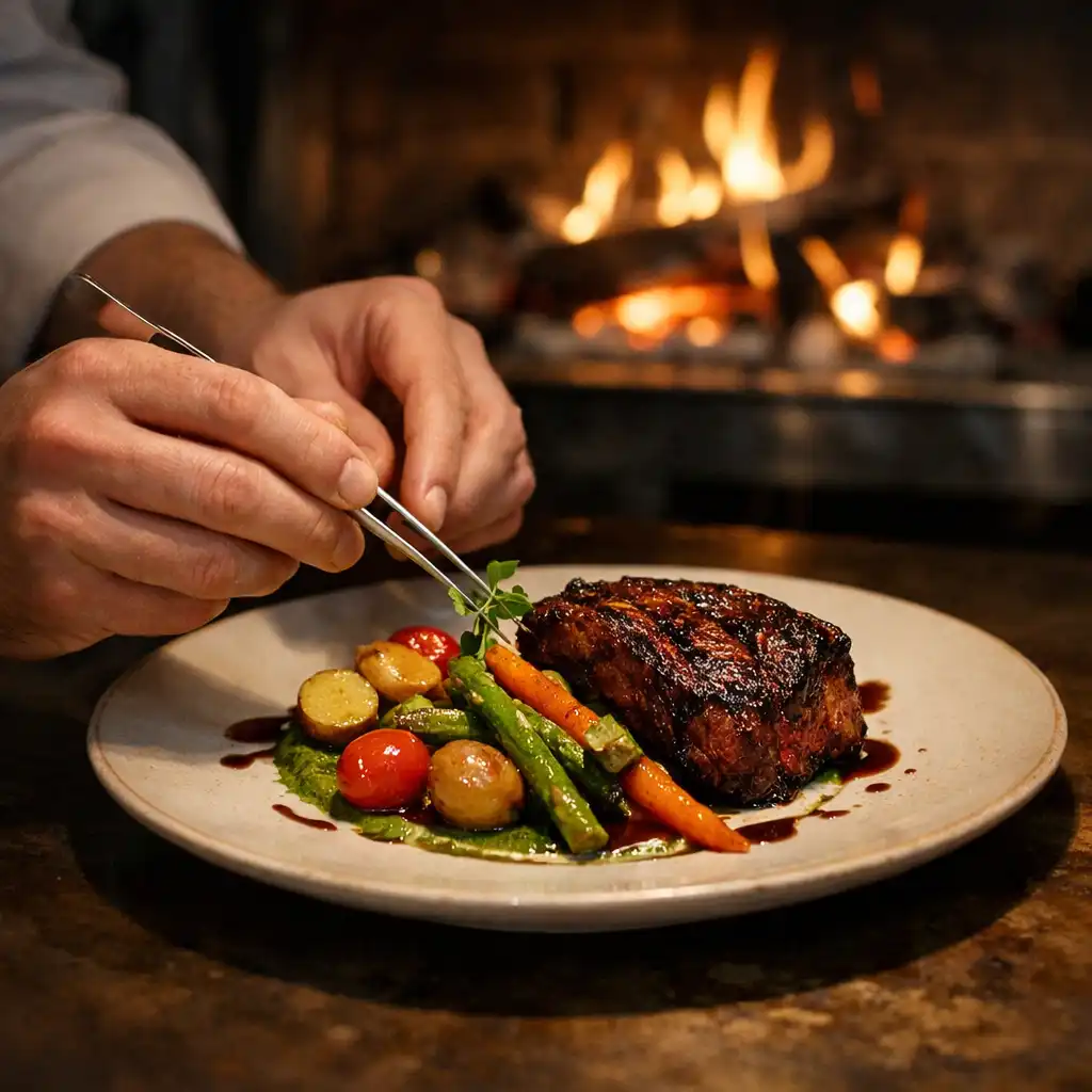 Chef's hands plating a charred dish with vibrant vegetables