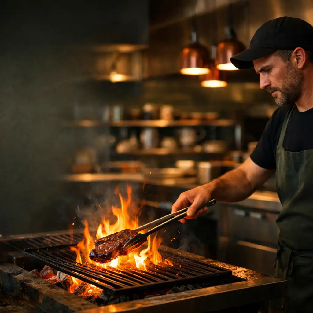 Chef tending a wood-fired grill over open flames in the Dining Hearthside kitchen