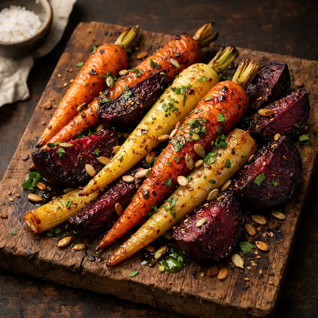 Hearth-baked root vegetables with herb oil and toasted seeds on a rustic wooden board