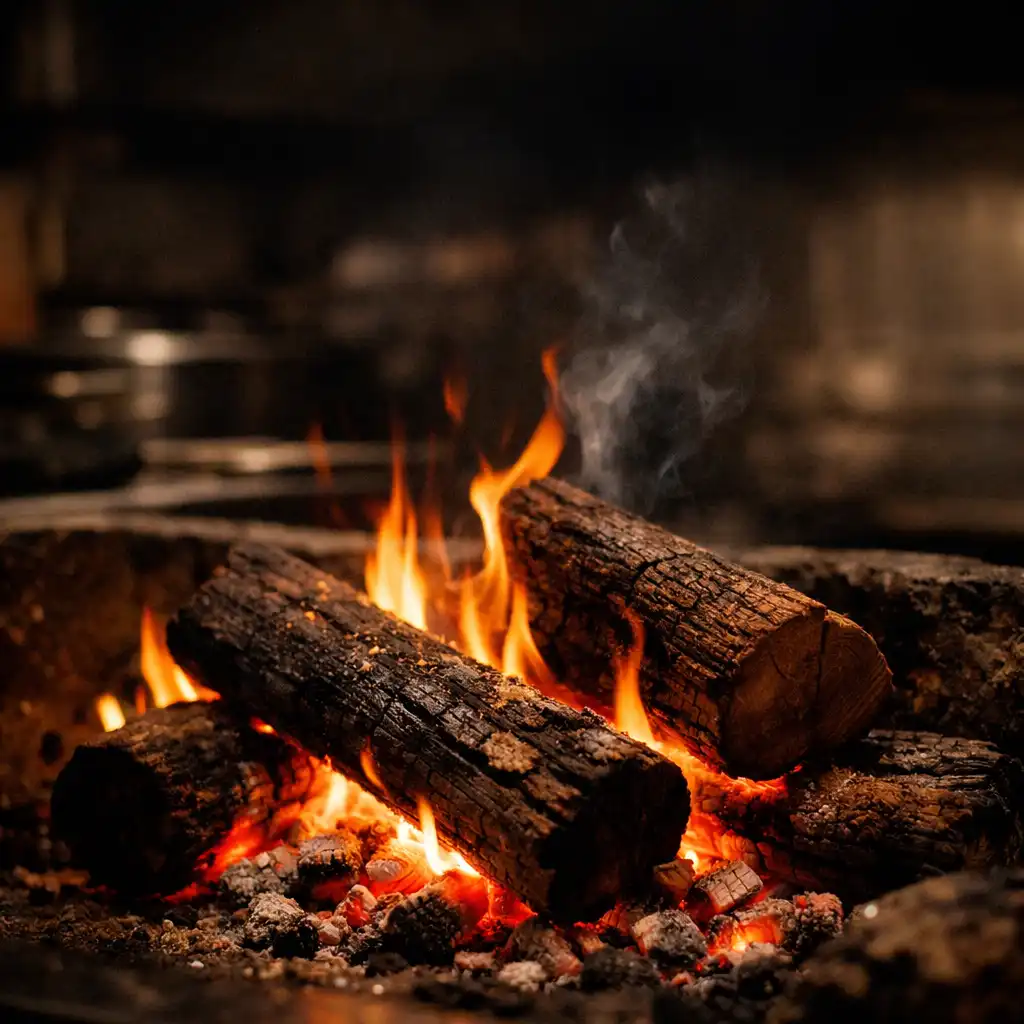 Glowing open-fire hearth with ironbark logs and rising embers in the Dining Hearthside kitchen
