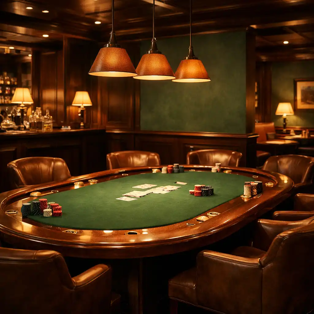 Atmospheric interior of a poker room with a custom green felt table, pendant lamps, and dark timber walls