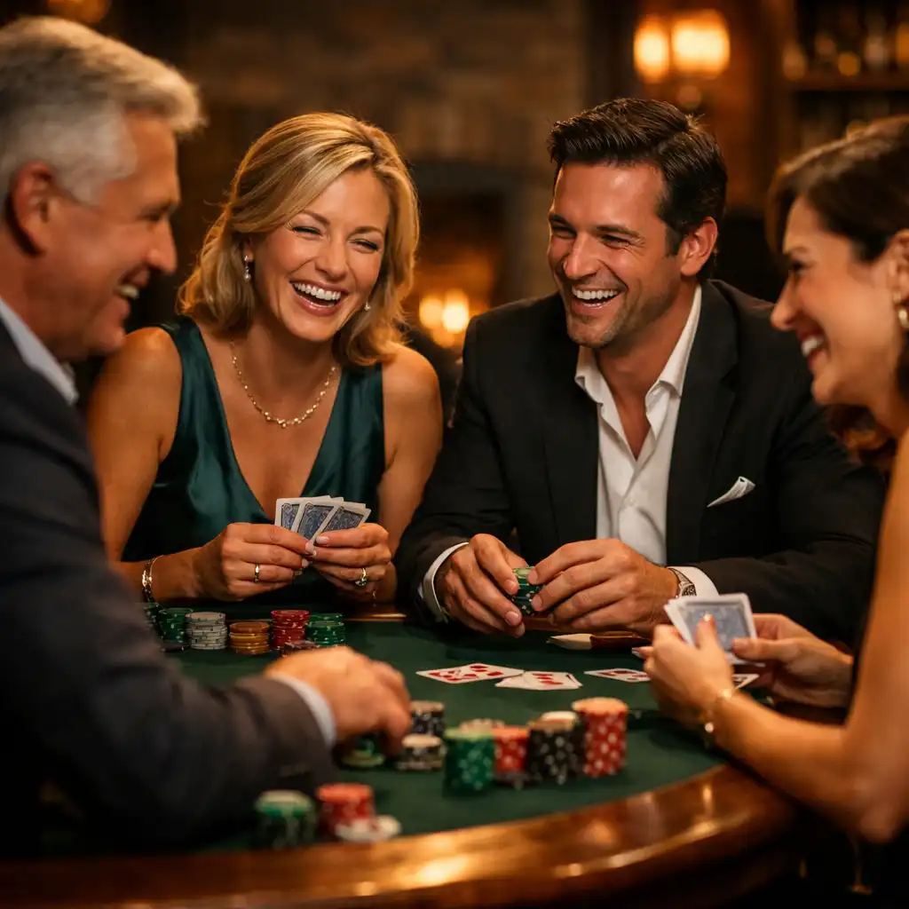 Elegantly dressed adults engaged in friendly poker play at a physical table, laughing and interacting in a warm lounge