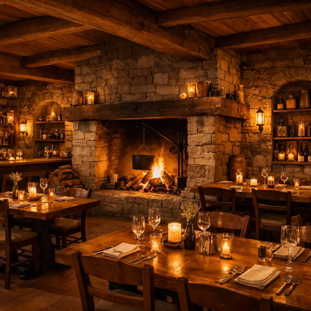 Restaurant interior with timber tables, stone walls, and an open hearth