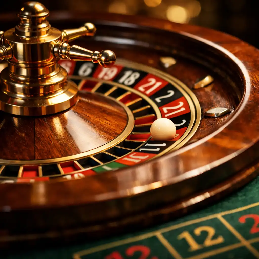 Close-up of a roulette wheel and the surrounding felt on a casino table