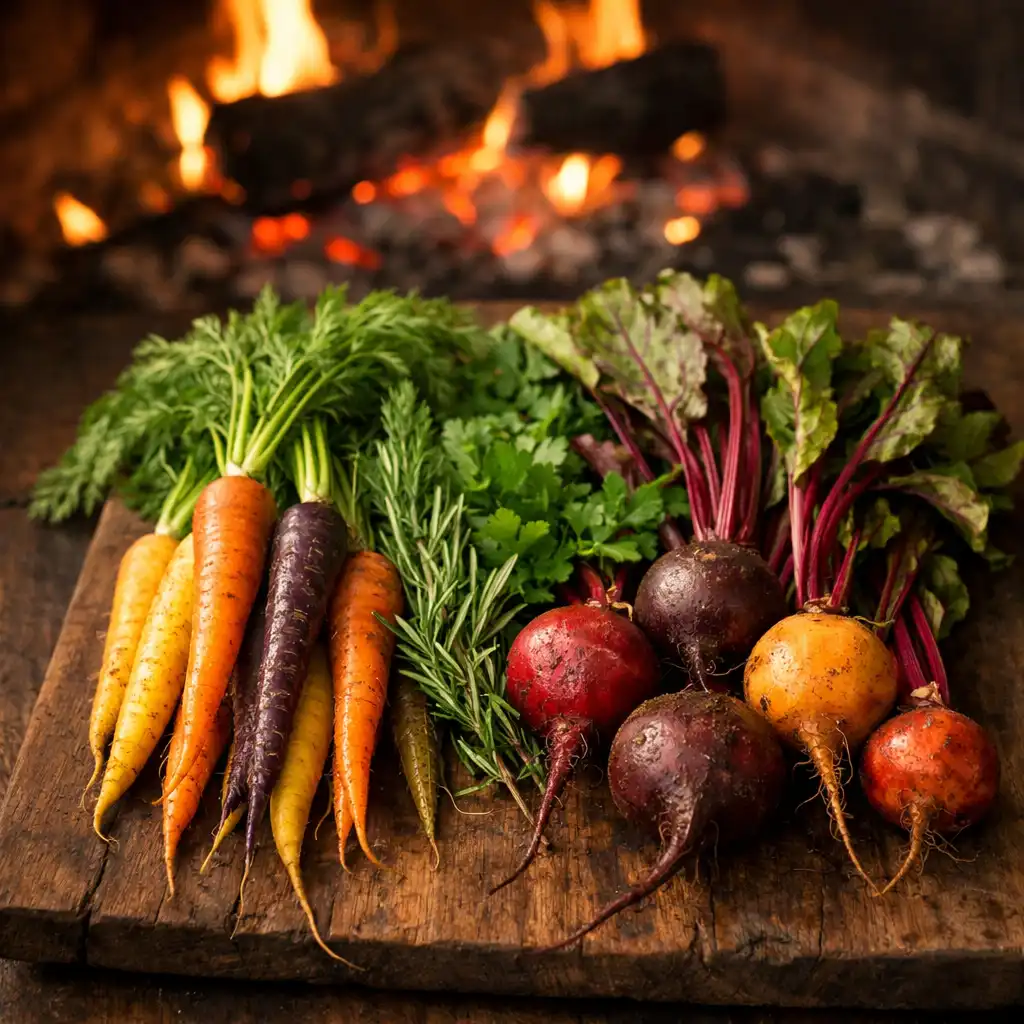 Seasonal root vegetables and herbs arranged on a wooden board near a glowing open hearth