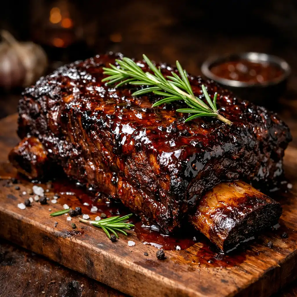 Smoked beef short rib glistening with sauce and rosemary