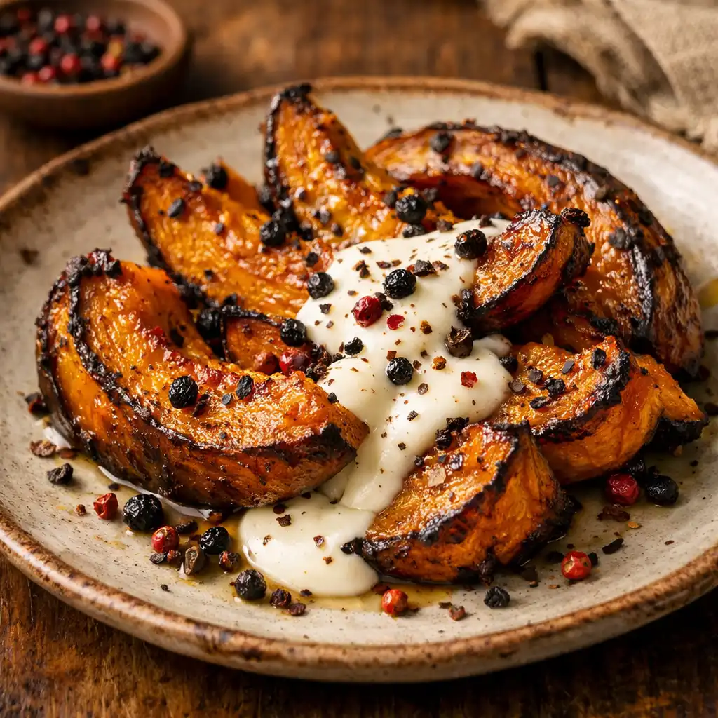 Wood-roasted pumpkin with native pepper and cream